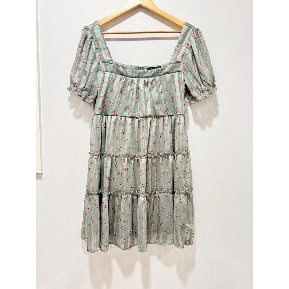 Trixxi Floral Sage Green Lurex Tiered Babydoll Mini Dress XL Square Neck Sleeve